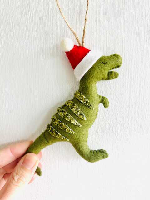 Handmade Felt Christmas Dinosaur Ornament T-Rex With Santa Hat - image 1