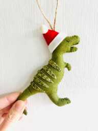 Handmade Felt Christmas Dinosaur Ornament T-Rex With Santa Hat - thumbnail 1