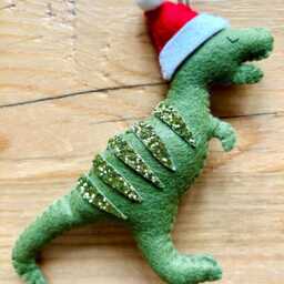 Handmade Felt Christmas Dinosaur Ornament T-Rex With Santa Hat - thumbnail 2