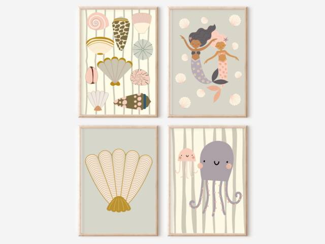 Mermaid, Shell & Sealife Nursery Children's Room Prints. - Prints Only - image 1