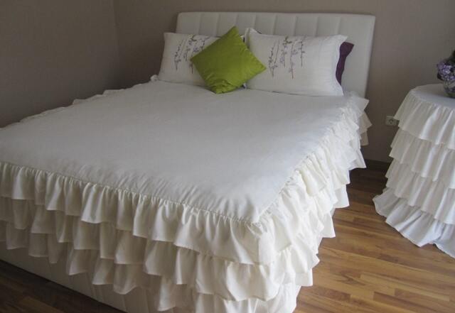 Ruffled Bedspread, Linen Skirted Coverlet, Waterfall Rows Ruffle Queen - Oversized King Bed Spread, Shabby Chic Custom Bedding Nurdanceyiz - image 1