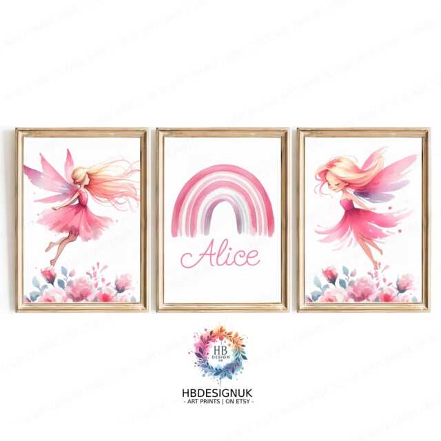 Pink Fairy Personalised Prints - Set Of 3 - Baby Girls Room Decor Nursery Wall Art Girl Bedroom Toddler Picture - image 1