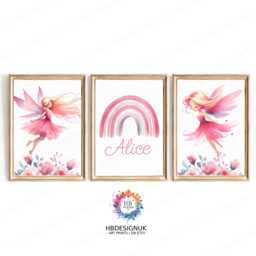 Pink Fairy Personalised Prints - Set Of 3 - Baby Girls Room Decor Nursery Wall Art Girl Bedroom Toddler Picture - thumbnail 1