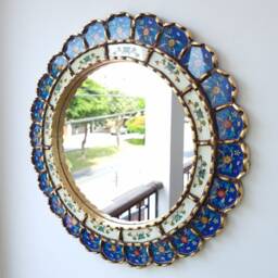 Peruvian Blue Harmonious Mirror 50 cm Handmade Wall Decor - Carved Wood Round Elegant Statement For Living Room Bathroom - thumbnail 3