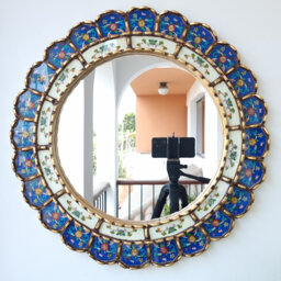Peruvian Blue Harmonious Mirror 50 cm Handmade Wall Decor - Carved Wood Round Elegant Statement For Living Room Bathroom - thumbnail 1