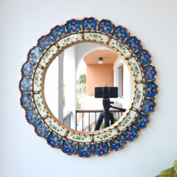 Peruvian Blue Harmonious Mirror 50 cm Handmade Wall Decor - Carved Wood Round Elegant Statement For Living Room Bathroom - thumbnail 2