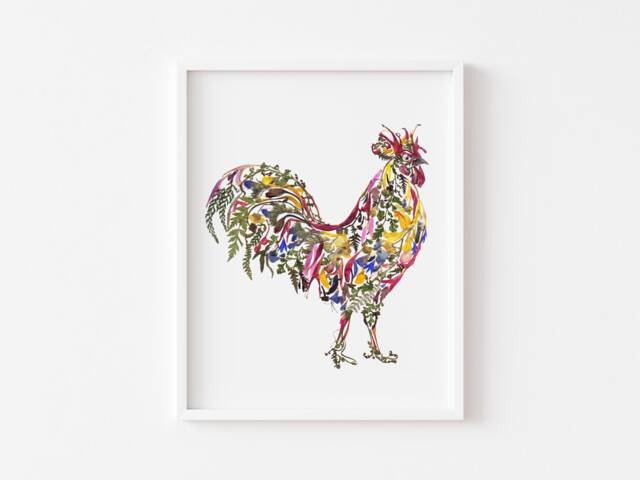 Dried Flower Rooster Art Print Farmhouse Chicken Decor - image 1