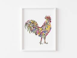 Dried Flower Rooster Art Print Farmhouse Chicken Decor - thumbnail 1
