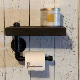 Rustic Industrial Toilet Paper Holder With Wood Shelf - thumbnail 2
