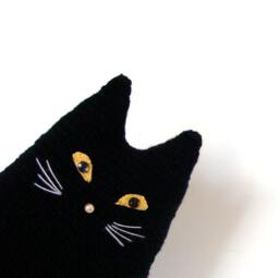 Crochet Black Cat Pillow, Handmade Decor Plush, Fiber Art Gift