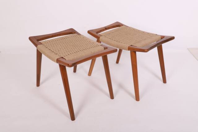 Pair Of Hans Wegner Style Teak Stools - Mid Century Solid Wood Cord Handmade Scandinavian Foot - image 1