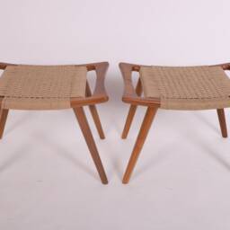 Pair Of Hans Wegner Style Teak Stools - Mid Century Solid Wood Cord Handmade Scandinavian Foot - thumbnail 2