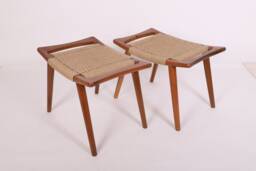 Pair Of Hans Wegner Style Teak Stools - Mid Century Solid Wood Cord Handmade Scandinavian Foot - thumbnail 1