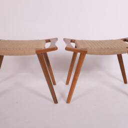 Pair Of Hans Wegner Style Teak Stools - Mid Century Solid Wood Cord Handmade Scandinavian Foot - thumbnail 3
