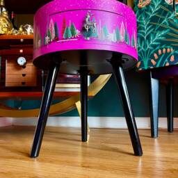 Hot Pink & Black Round Bedside Table , Christmas Design. Ideal For Nightstand Or Side Table. Stag, Candy Canes - thumbnail 4