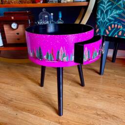 Hot Pink & Black Round Bedside Table , Christmas Design. Ideal For Nightstand Or Side Table. Stag, Candy Canes - thumbnail 2