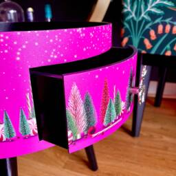 Hot Pink & Black Round Bedside Table , Christmas Design. Ideal For Nightstand Or Side Table. Stag, Candy Canes - thumbnail 3