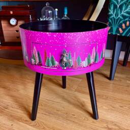 Hot Pink & Black Round Bedside Table , Christmas Design. Ideal For Nightstand Or Side Table. Stag, Candy Canes