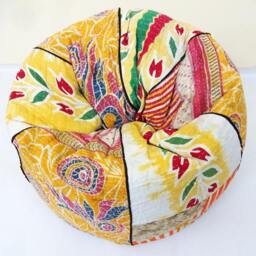 Handmade Floral Kantha Bean Bag Chair Bohemian Cotton Pouf Ottoman - thumbnail 3