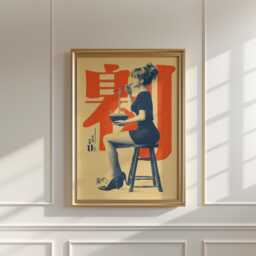 Japanese Pop-Art Print With Seated Woman Illustration in Orange & Navy Tones - thumbnail 1