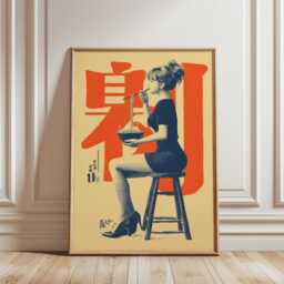 Japanese Pop-Art Print With Seated Woman Illustration in Orange & Navy Tones - thumbnail 2