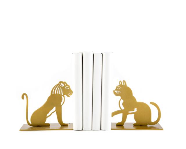 Gold Metal Bookends Lion & A Cat - Feline Lover Gift Shelf Decot - image 1
