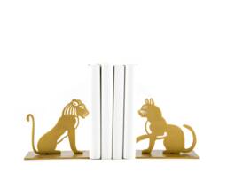 Gold Metal Bookends Lion & A Cat - Feline Lover Gift Shelf Decot - thumbnail 1