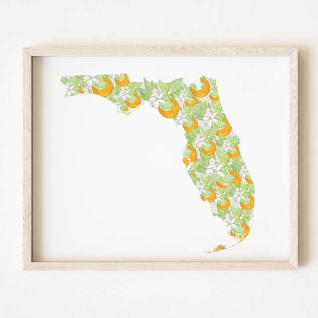 Florida State Flower Map Watercolor Orange Tree Blossom - Art Print Wall Usf Uf Ucf Graduation Wedding Anniversary Realtor Moving Gift - image 1