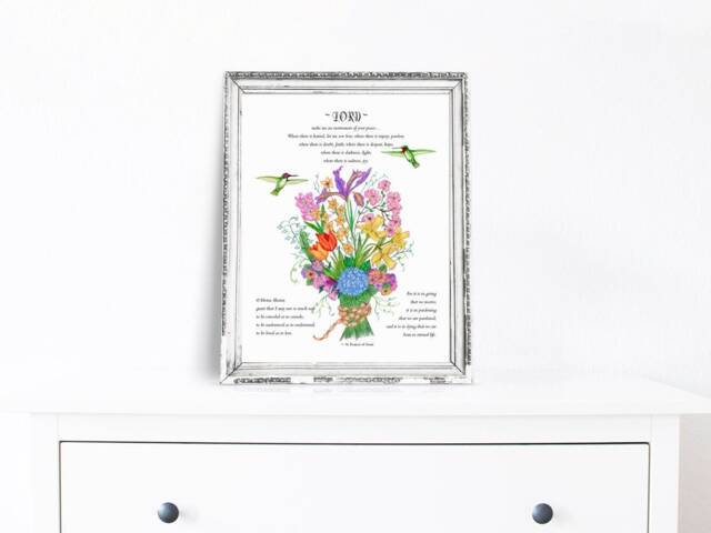 st. Francis Prayer Art Print Floral Hummingbird Colored Pencil Illustration - 8x10 - image 1