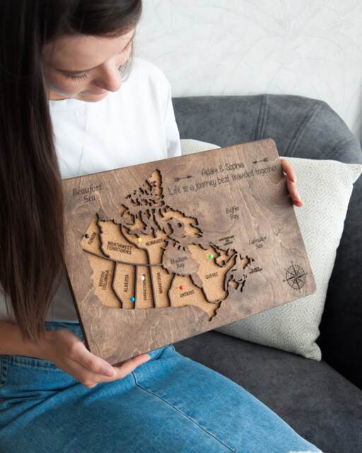 Wooden Canada Travel Map, Personalized Traveling Map Wall Art, Couples Gift Push Pin Cork Board With Pins For One Year Anniversary - image 1