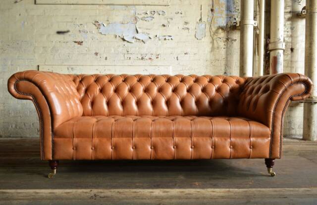 Handmade 3 Seater Vintage Tan Leather Chesterfield Sofa - image 1