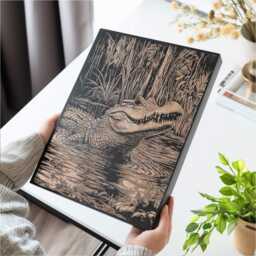 Alligator in Swamp Art - Southern Inspired Engraved Wood Lithograph Illustration, Large Wall Art, Bayou Living Animal Scene Painting - thumbnail 3