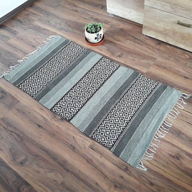 Handwoven Wool Rug Scandinavian Geometric Striped Runner - image 1