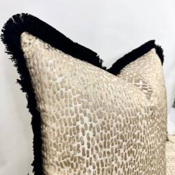 style No. 41 - Luxury Champagne Taupe Scatter Cushion Bed Set, Beds, Sofa. Textured Champagne Cushion Fringed in Black The Couture - thumbnail 3