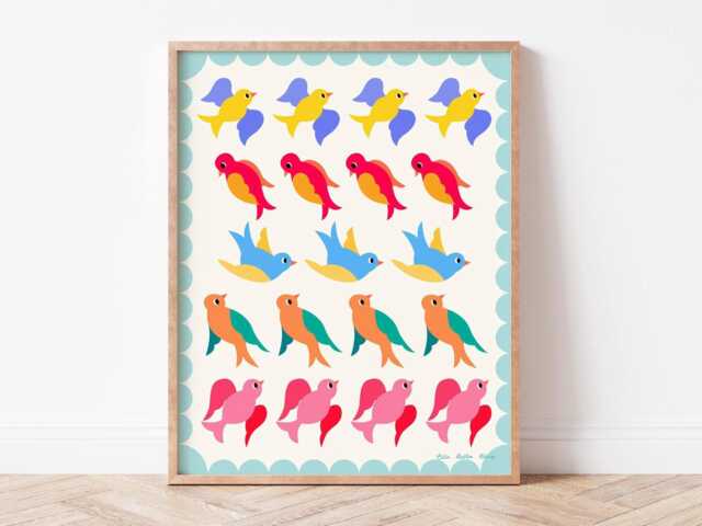 Bye Birdies Rainbow Wall Art Colourful Bird Illustration For Kids' Room - Digital Download - image 1