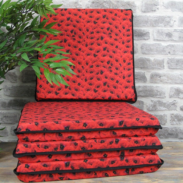 Red Poppy Square Chair Pads, Bistro Kitchen Seat Cushions, Set Of 4 - image 1