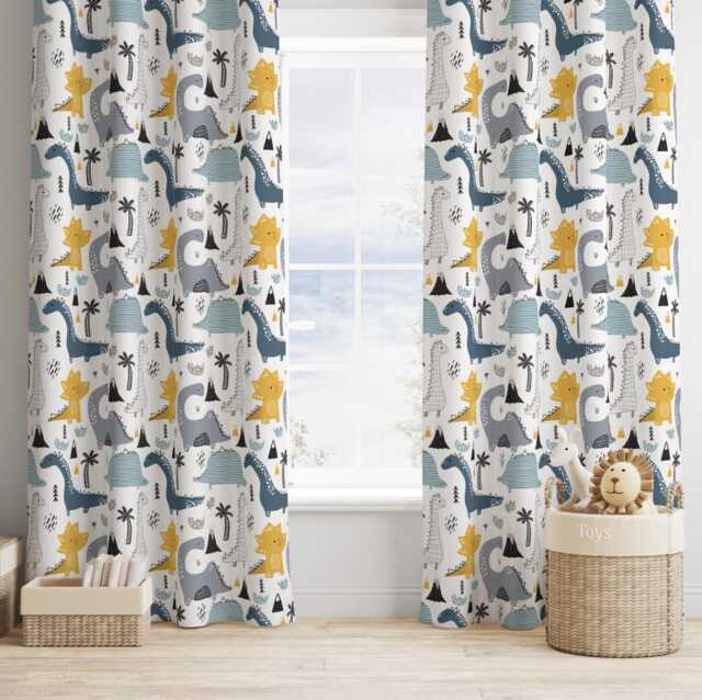 Blue & Yellow Dinosaur Curtains, Blackout Or Non Blackout, Curtains With Eyelet, Pencil Pleat Rod Pocket, Safari Home Decor - image 1