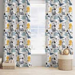 Blue & Yellow Dinosaur Curtains, Blackout Or Non Blackout, Curtains With Eyelet, Pencil Pleat Rod Pocket, Safari Home Decor