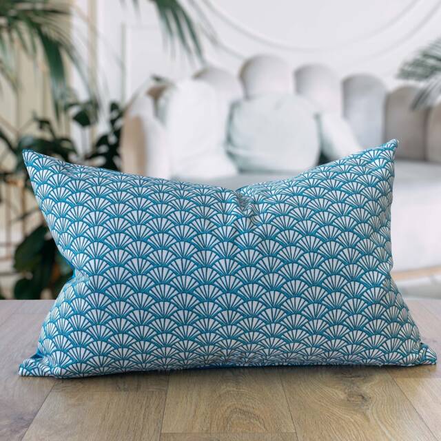 Manhattan Art Deco Print Xl Rectangular Cushion Cover in Teal Blue & Natural Beige. Bci Cotton & Velvet. 23X15 - image 1
