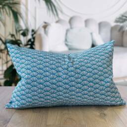 Manhattan Art Deco Print Xl Rectangular Cushion Cover in Teal Blue & Natural Beige. Bci Cotton & Velvet. 23X15