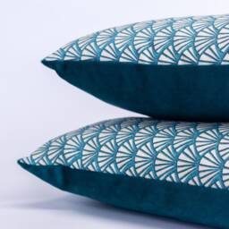 Manhattan Art Deco Print Xl Rectangular Cushion Cover in Teal Blue & Natural Beige. Bci Cotton & Velvet. 23X15 - thumbnail 2