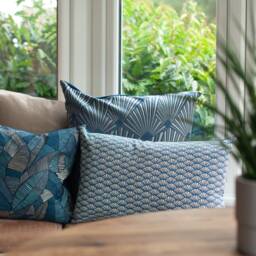 Manhattan Art Deco Print Xl Rectangular Cushion Cover in Teal Blue & Natural Beige. Bci Cotton & Velvet. 23X15 - thumbnail 3