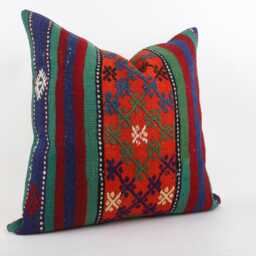 Handwoven Wool Kilim Pillow Cover, Bohemian Turkish Design - 24''x24'' - thumbnail 3