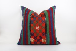 Handwoven Wool Kilim Pillow Cover, Bohemian Turkish Design - 24''x24'' - thumbnail 1