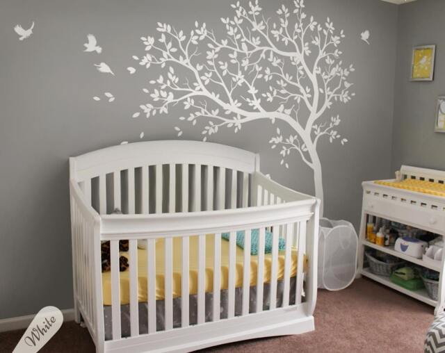Large Nursery Tree Decals White Wall Sticker With Birds Mural Art 032 - image 1