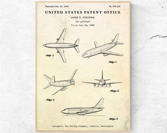 Jet Aircraft 1966 Patent Print. Aviation Inventions Plane Blueprint Wall Art. Pilot Gift, Airplane Poster, Ready To Hang Canvas - image 1