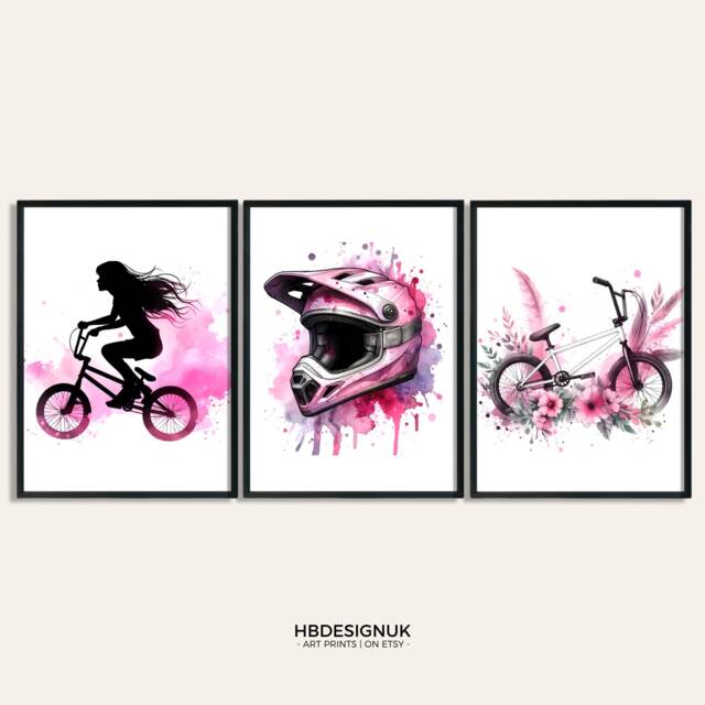Bmx Girl Print - Set Of 3 Pink Prints - Poster Bedroom Decor Gift For Bmxing Bike Artwork Biking Watercolour Wall Art Images - image 1
