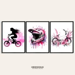 Bmx Girl Print - Set Of 3 Pink Prints - Poster Bedroom Decor Gift For Bmxing Bike Artwork Biking Watercolour Wall Art Images - thumbnail 1