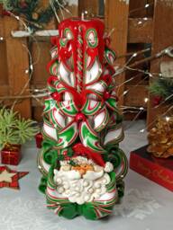 xlarge Colorful & Unique Hand Carved Candle With Santa - Red Christmas Perfect Gift & Decor - thumbnail 1