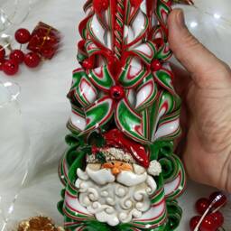 xlarge Colorful & Unique Hand Carved Candle With Santa - Red Christmas Perfect Gift & Decor - thumbnail 3